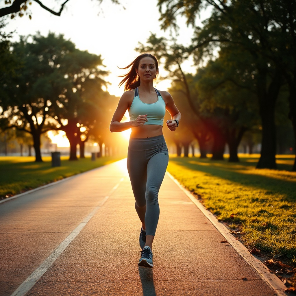Person jogging in a park at sunrise