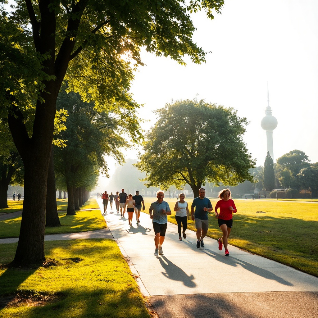 People walking and jogging in a sunny park at sunrise