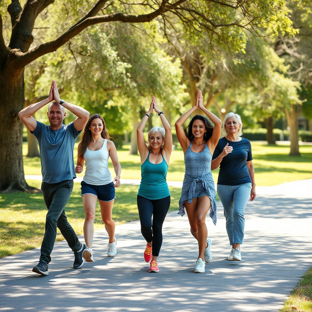 Diverse group walking and stretching outdoors in a park