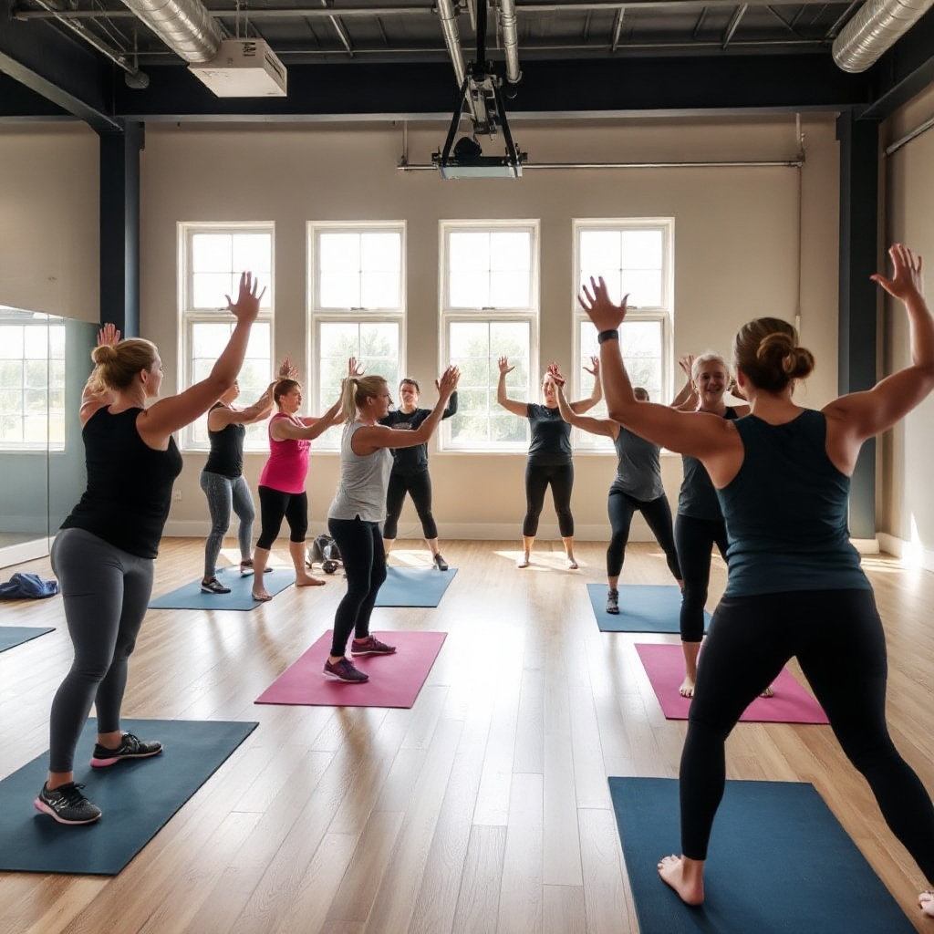 Group strength and mobility class in a fitness studio