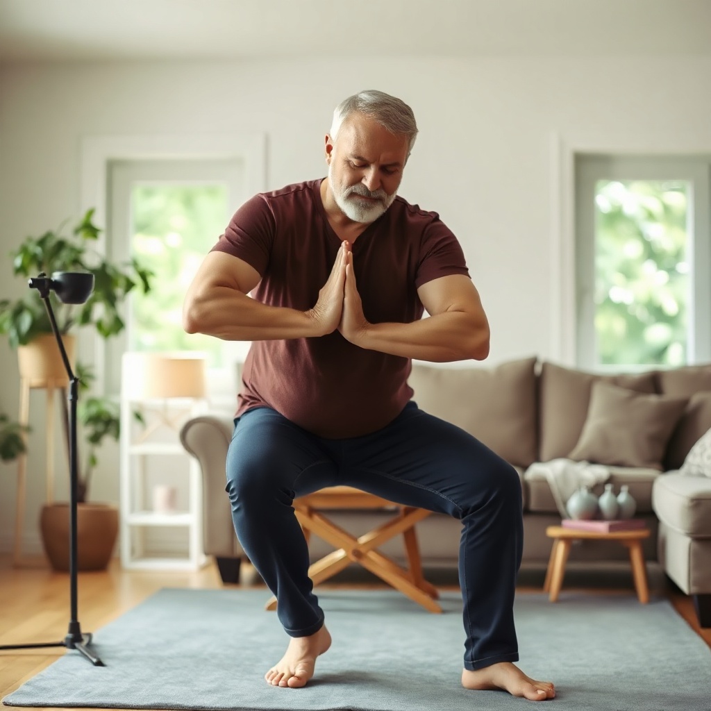 Man stretching at home