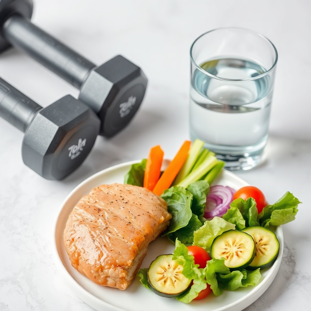 Healthy meal, water, and dumbbells