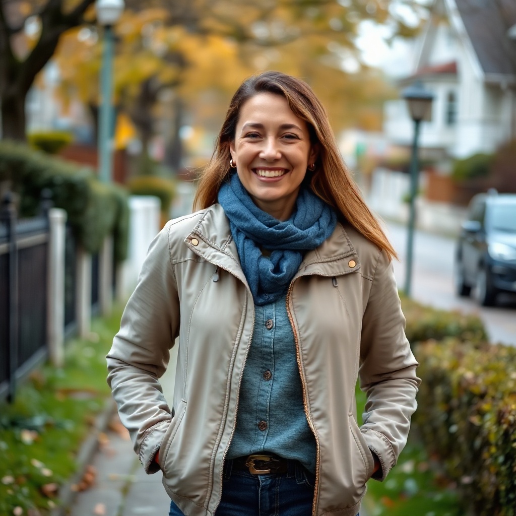 Smiling woman outdoors walking