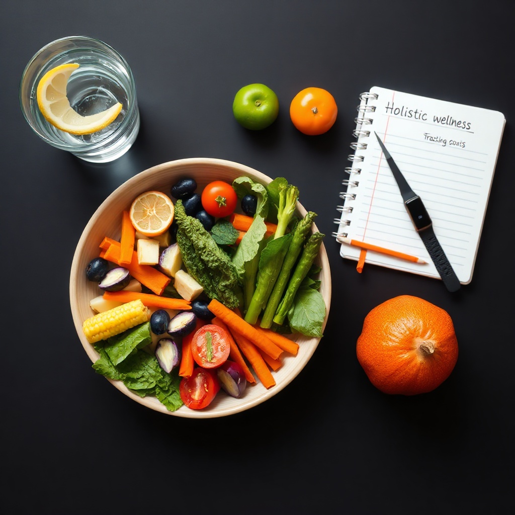 Balanced meal, water, and activity tracker symbolizing healthy lifestyle habits